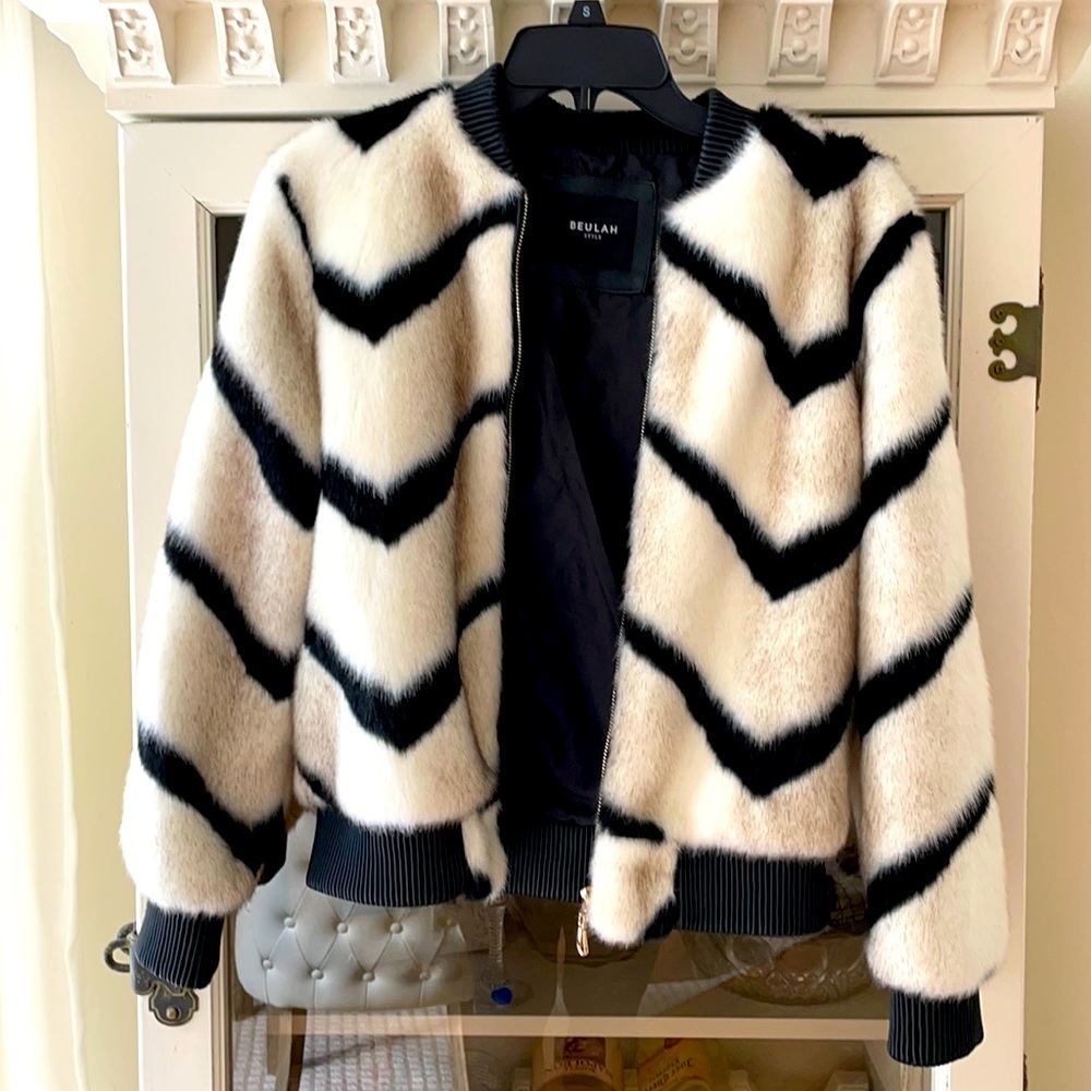 Black and white fur bomber jacket with leather trim  mint condition